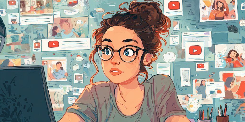 Ilustración de una creadora de contenido frente a su computadora, rodeada de miniaturas de videos de YouTube y pantallas superpuestas, representando una estrategia de marketing de afiliados en YouTube orientada a monetización.